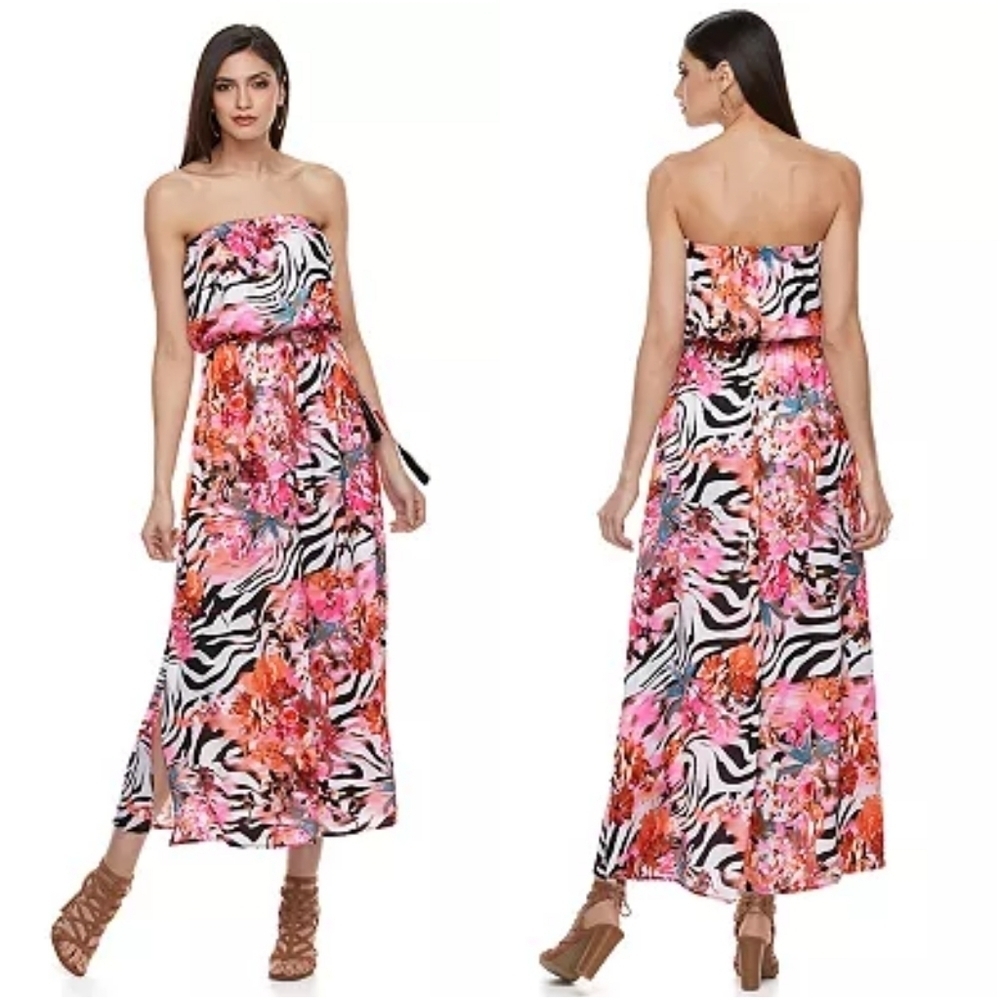 Jennifer Lopez Zebra Floral Tassel Sash Side Slit Strapless Maxi Blouson Dress